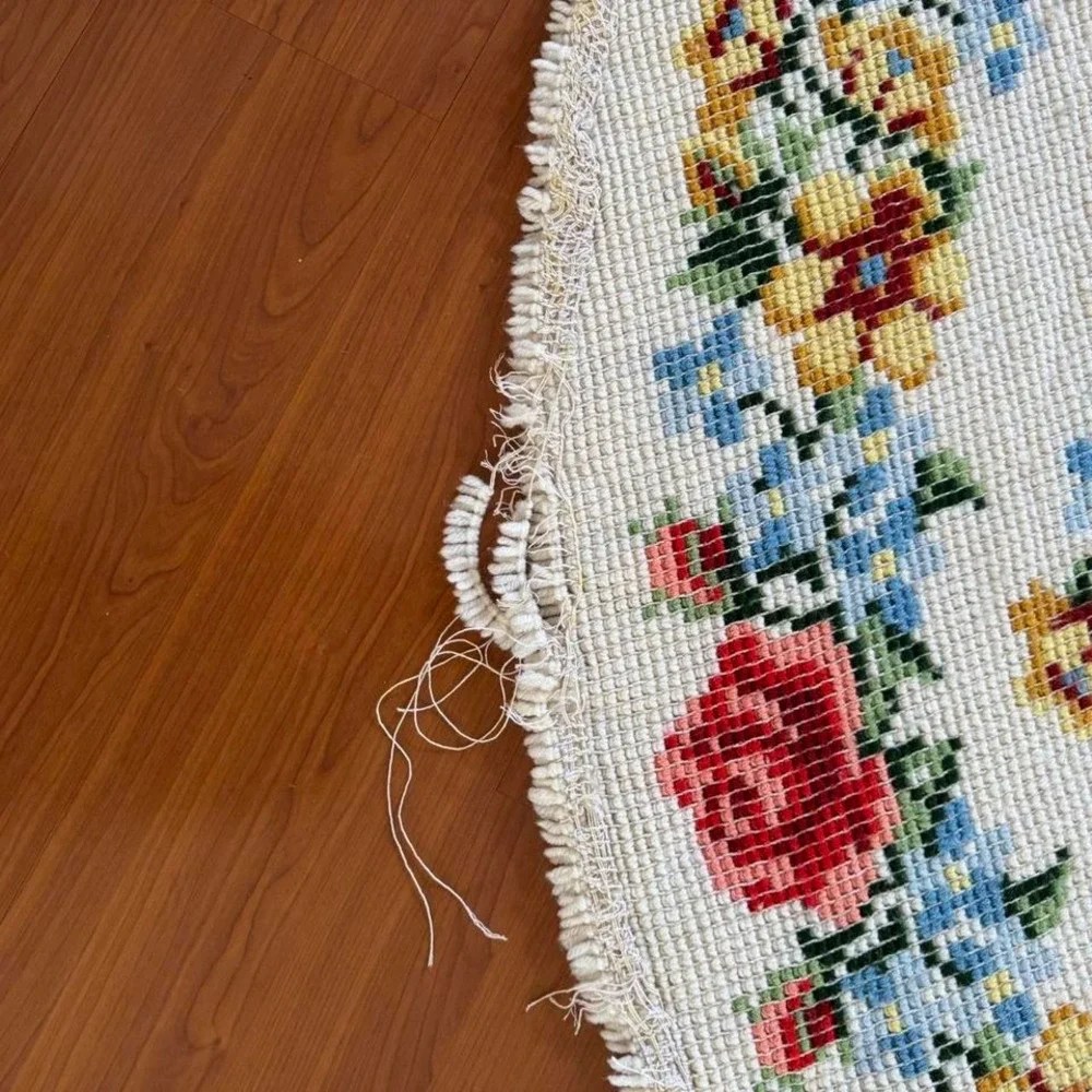 Vintage Latch Hook Rug Red Blue Yellow Floral